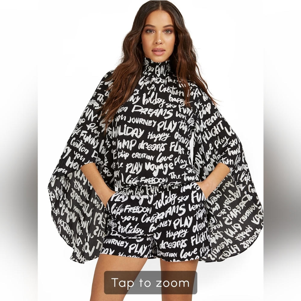 NY & Co. Black & White Bat Wing Script Blouse